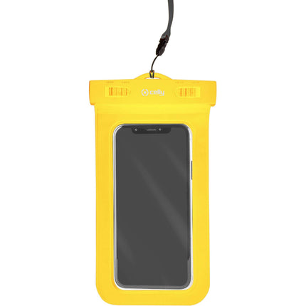 Beschermhoes geel met doorzichtige hoes en voorzijde smartphone aan een zwart touw