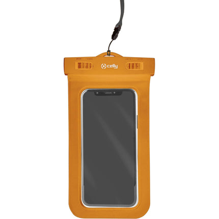 Beschermhoes oranje met doorzichtige hoes en voorzijde smartphone aan een zwart touw