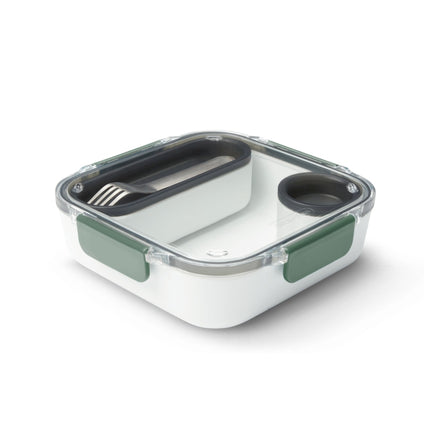 Lunchbox met sauspotje binnenschaal en vork wit met Olive Green