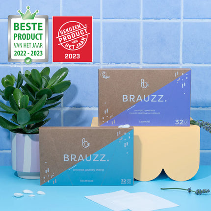 Doosje bruin-paars en bruin-blauw wasstrips 32 stuks van Brauzz met logo Beste Product Van Het Jaar 2022-2023