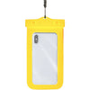 Beschermhoes geel met doorzichtige hoes en achterzijde smartphone aan een zwart touw