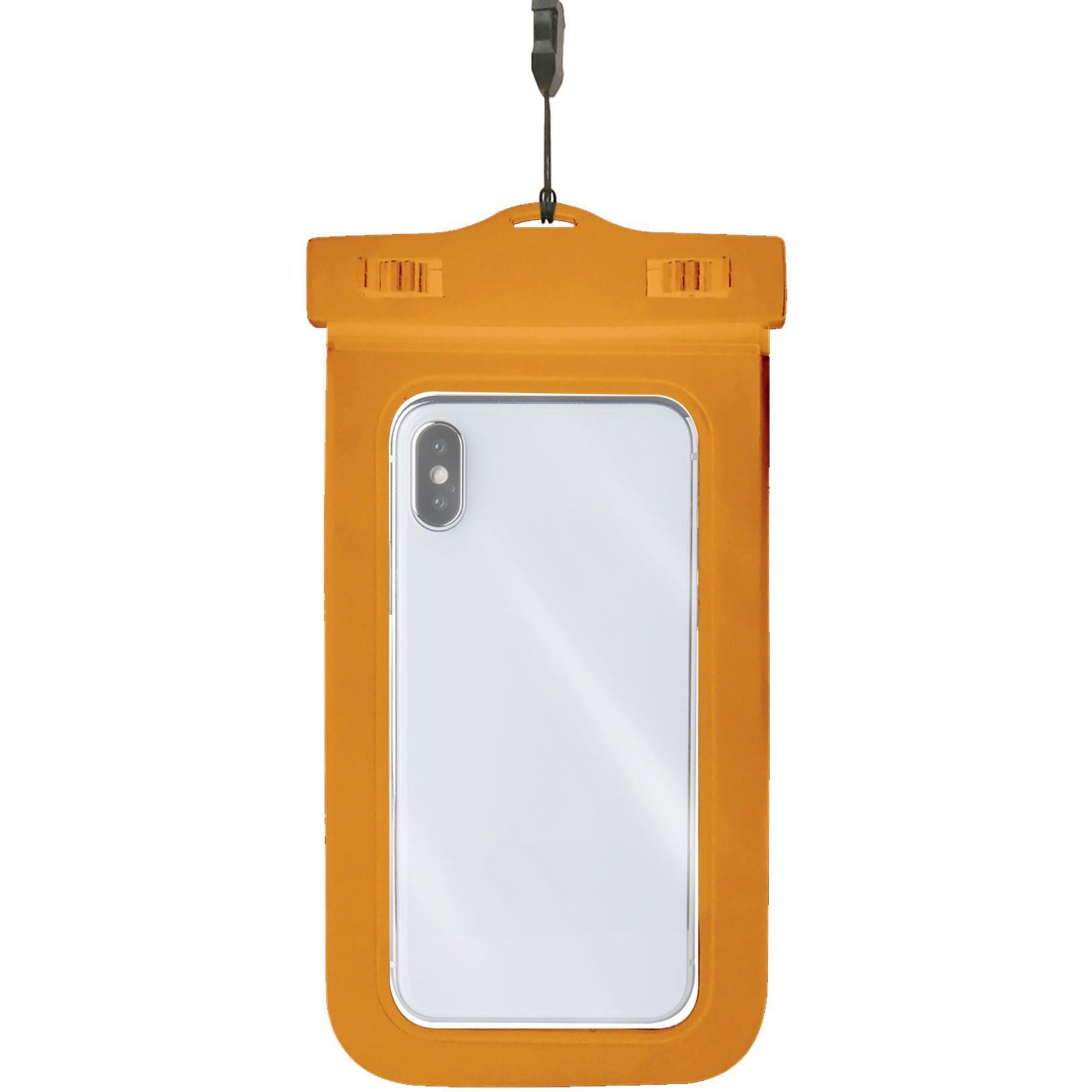 Beschermhoes oranje met doorzichtige hoes en achterzijde smartphone aan een zwart touw
