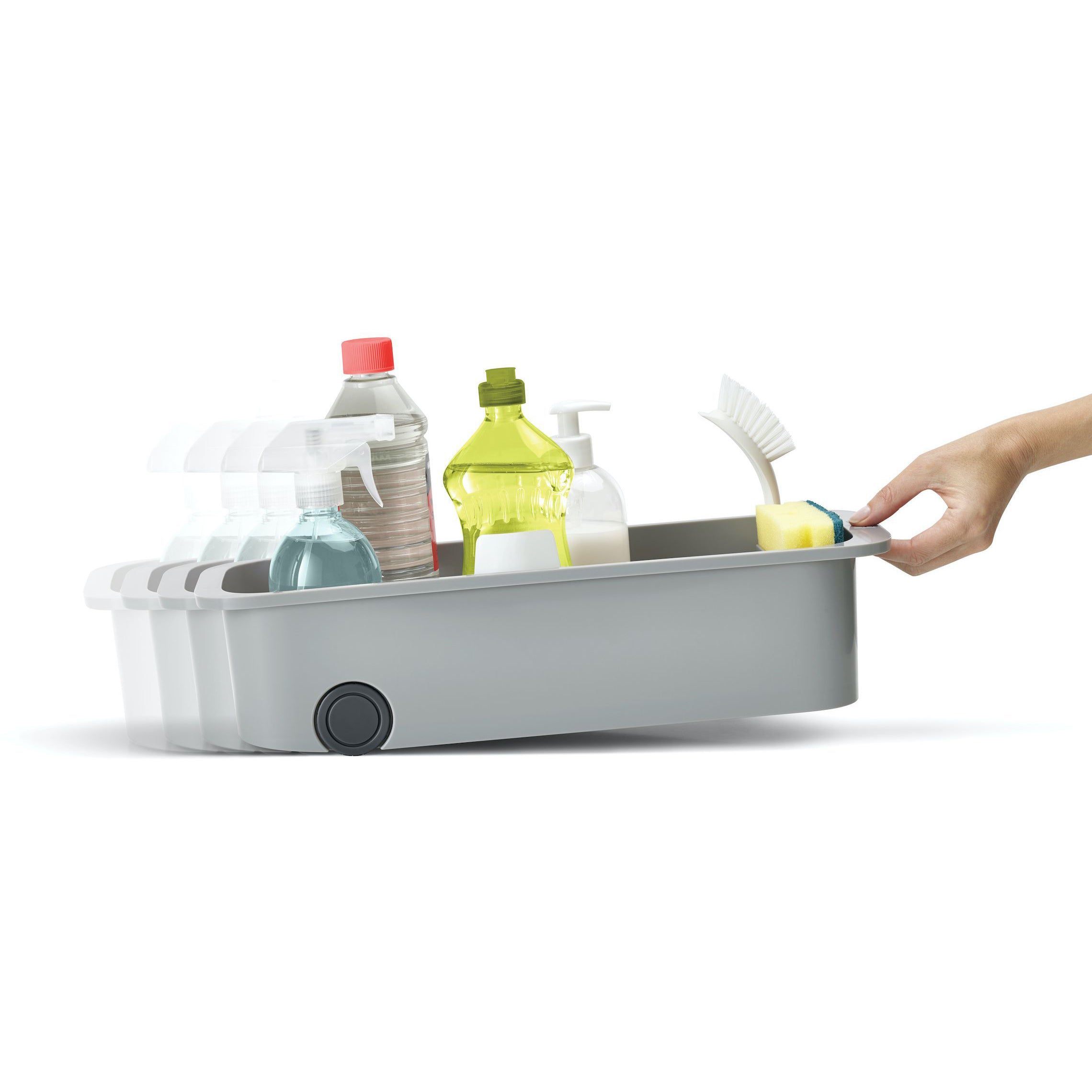Keukenkast organizer CupboardStore met wieltjes met schoonmaakmiddelen en spons in sponsvakje