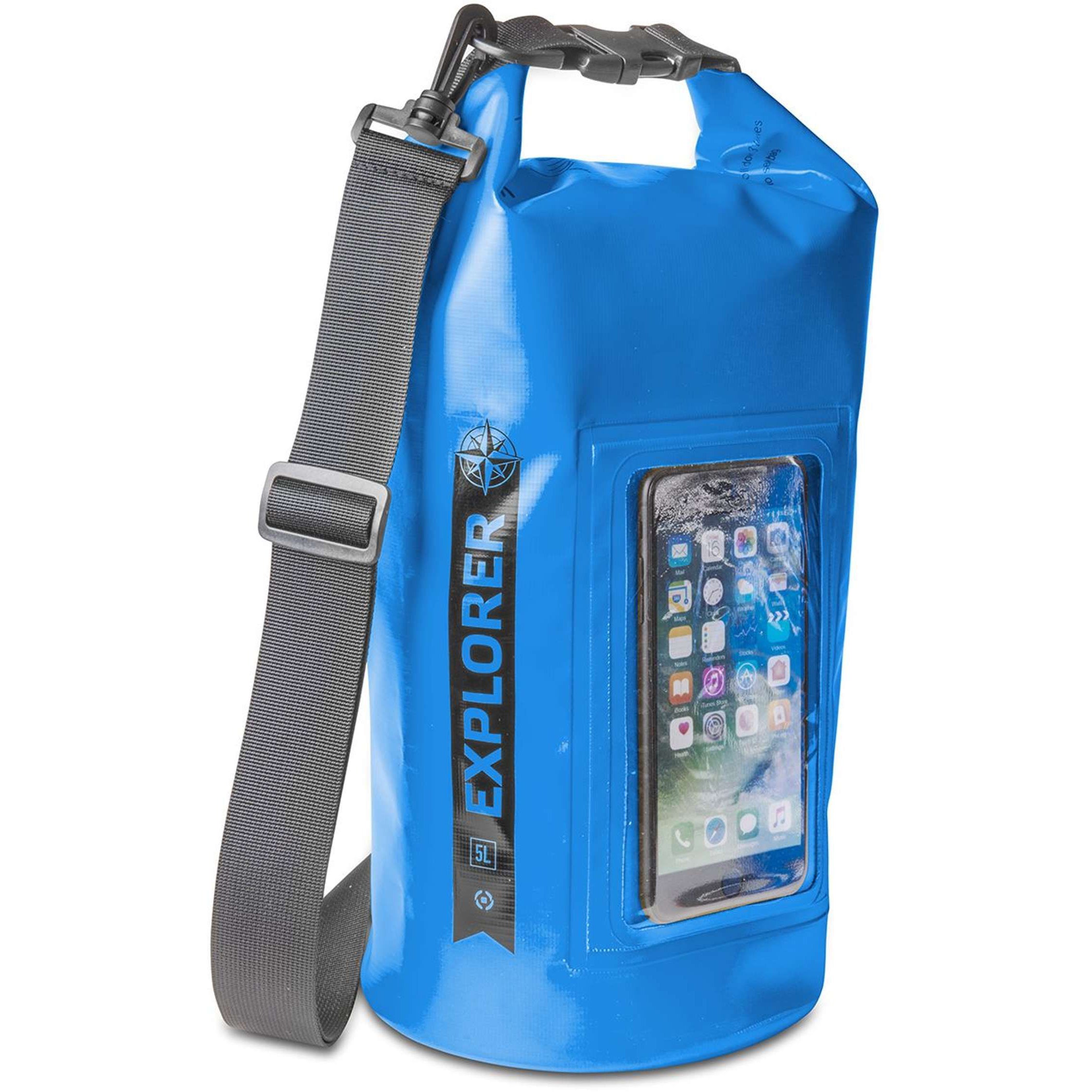 Rugzak Explorer 5 liter van Celly blauw zijaanzicht met smartphone in de houder